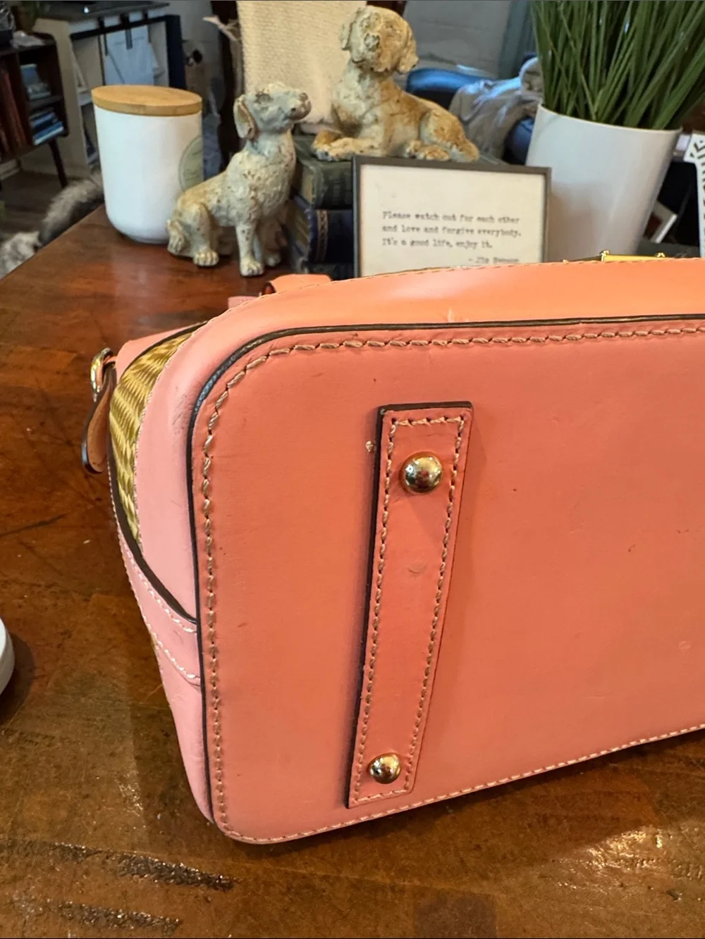 Dooney & Bourke Beacon Woven Embossed Leather Satchel/Crossbody with Pink Trim